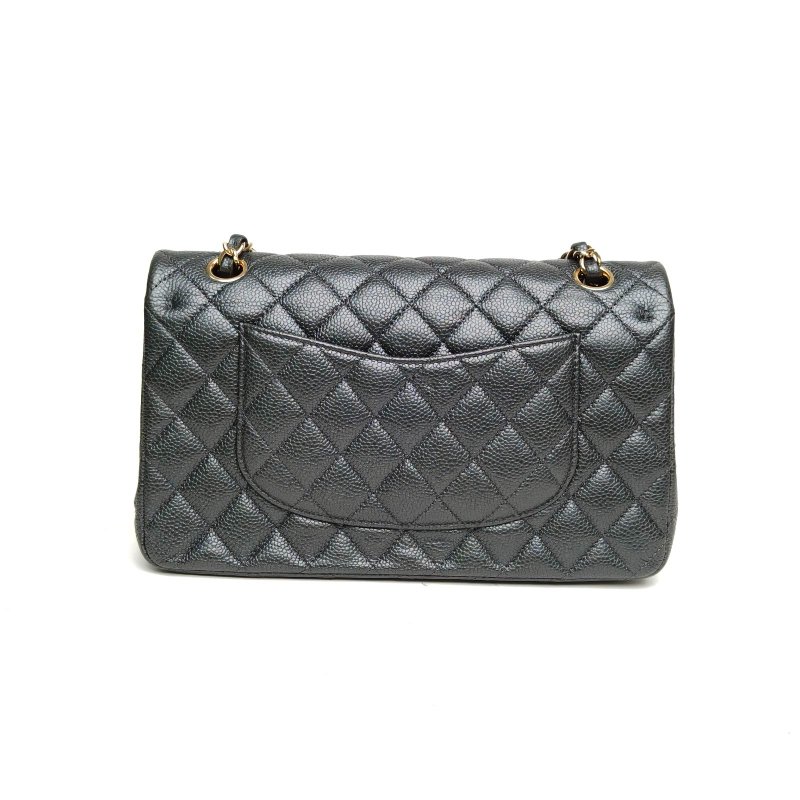 CHANEL CF口蓋包中號深灰荔枝牛皮25開金扣肩背包-2