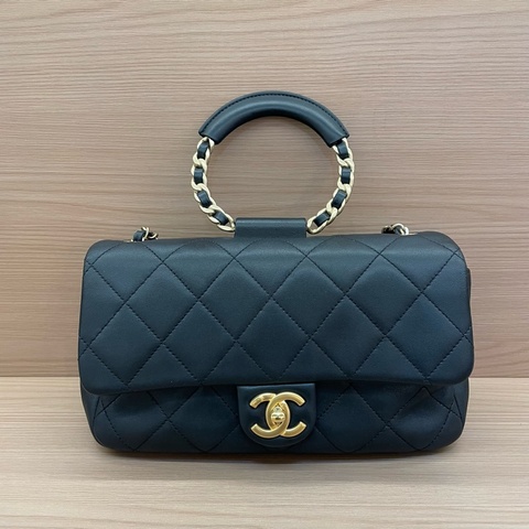 Chanel香奈兒  CF小号 黑金圆环手柄手提單肩斜挎鏈條包 黑色羊皮2020年 29開 尺寸24*13*5 無附件