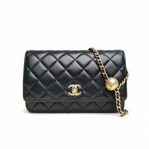 CHANEL CFWOC19黑色羊皮晶片開金扣金球調節扣肩背包