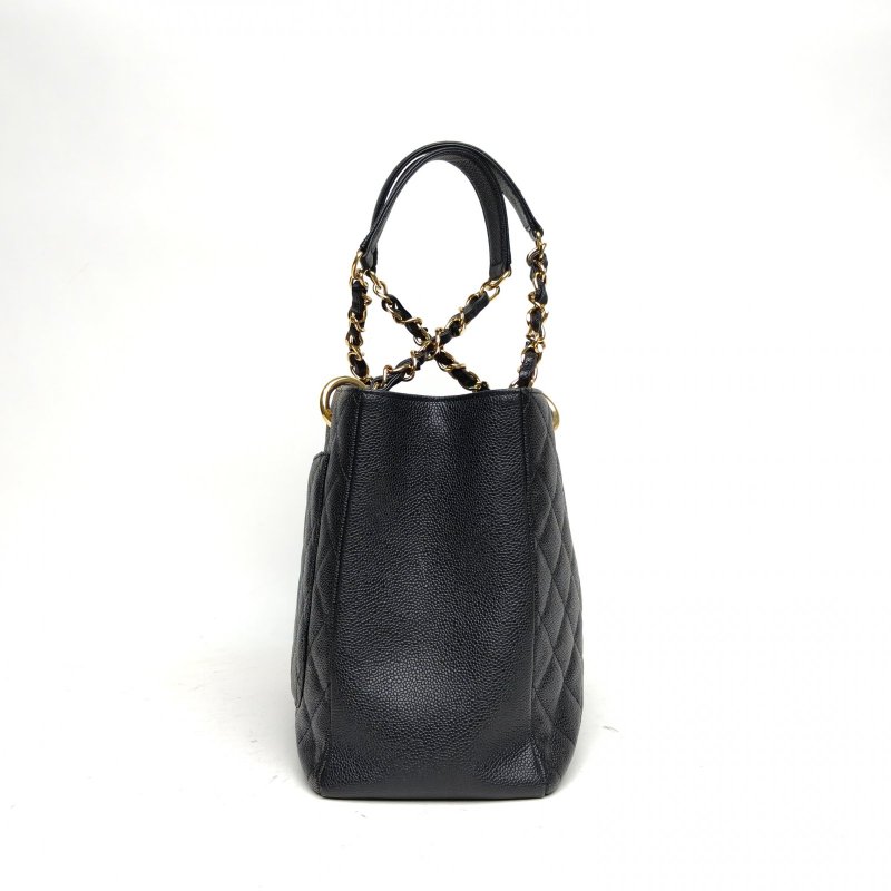 CHANEL GST購物袋小號黑色荔枝牛皮16開金扣肩背包-3