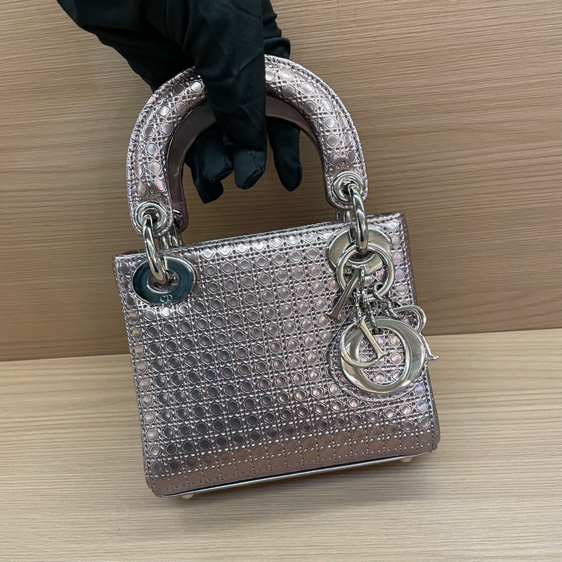 NO:C37 Dior迪奥 lady 限量款 手提包粉色 銀扣 牛皮迷你 無附件-8