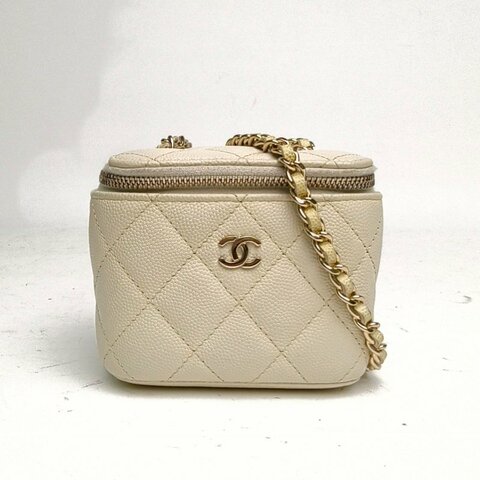 CHANEL 白色荔枝牛皮31開金扣方盒子化妝包無鏡子肩背包