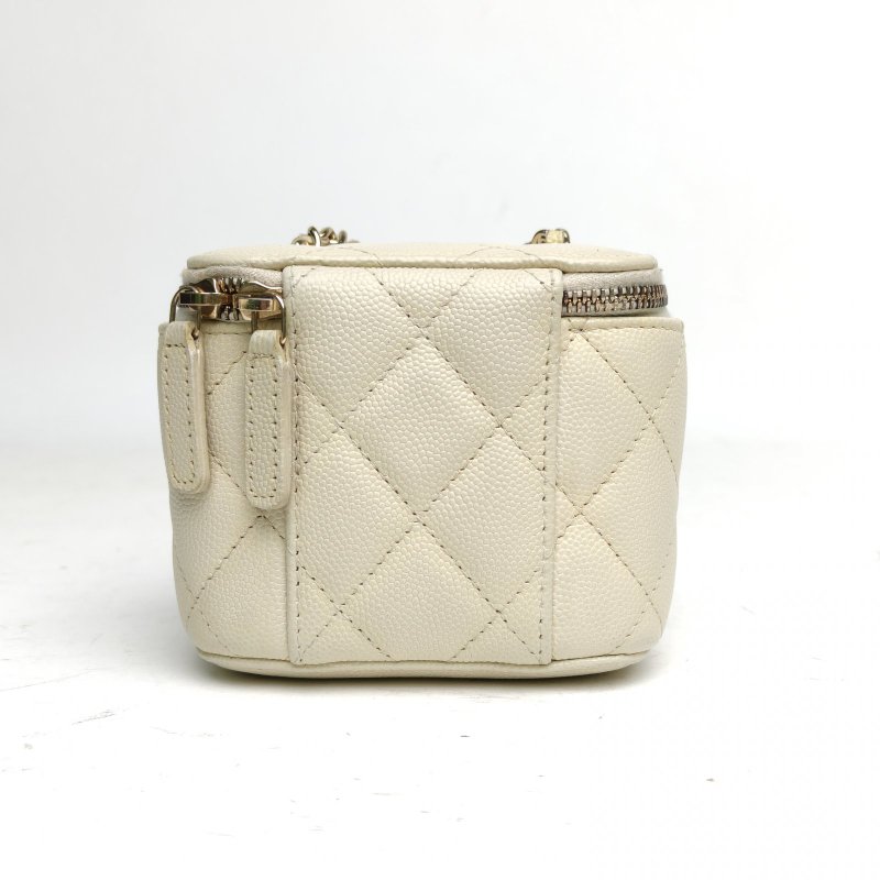 CHANEL 白色荔枝牛皮31開金扣方盒子化妝包無鏡子肩背包-2