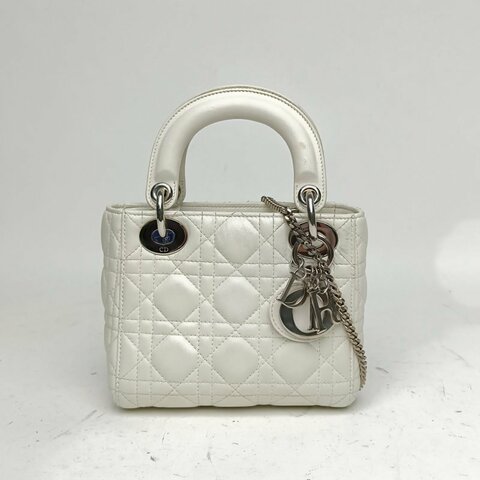 DIOR Lady戴妃包三格白色羊皮銀扣2016肩背包