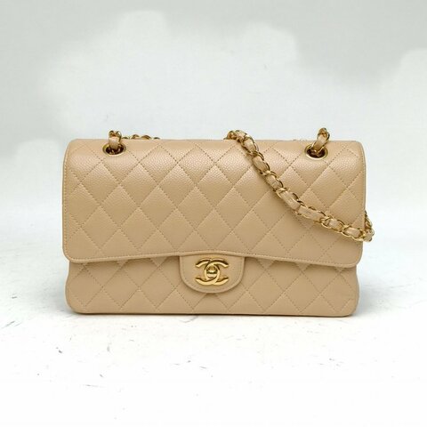 CHANEL CF口蓋包中號奶茶色荔枝牛皮20開金扣肩背包