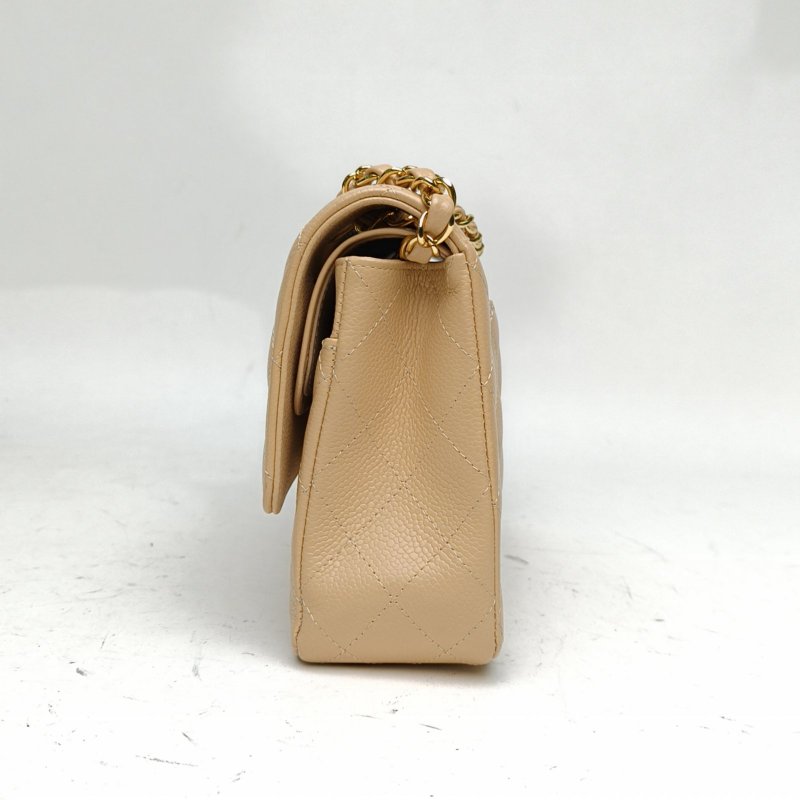 CHANEL CF口蓋包中號奶茶色荔枝牛皮20開金扣肩背包-1