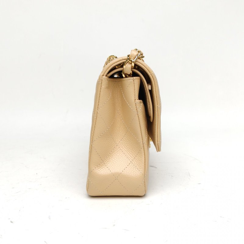 CHANEL CF口蓋包中號奶茶色荔枝牛皮20開金扣肩背包-3