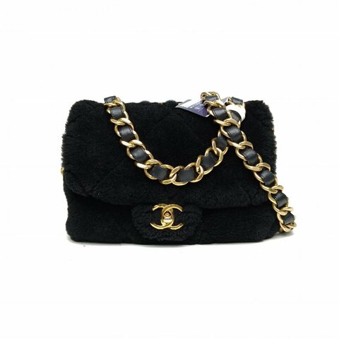 CHANEL 黑色毛絨晶片金扣22B手提口蓋包小號肩背包