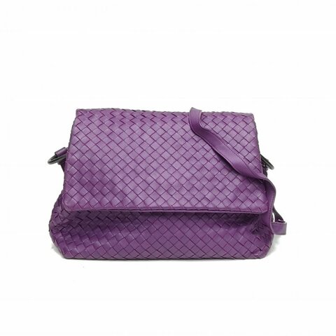 BOTTEGA VENETA 紫色羊皮經典編織翻蓋斜挎包肩背包