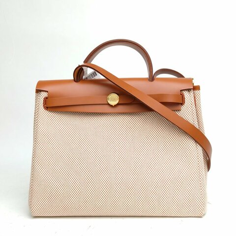 HERMES Herbag31金棕色編織帆布/牛皮U刻金扣肩背包