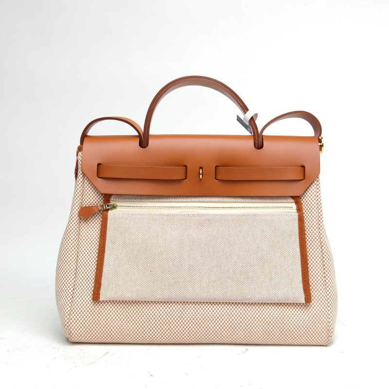HERMES Herbag31金棕色編織帆布/牛皮U刻金扣肩背包-2