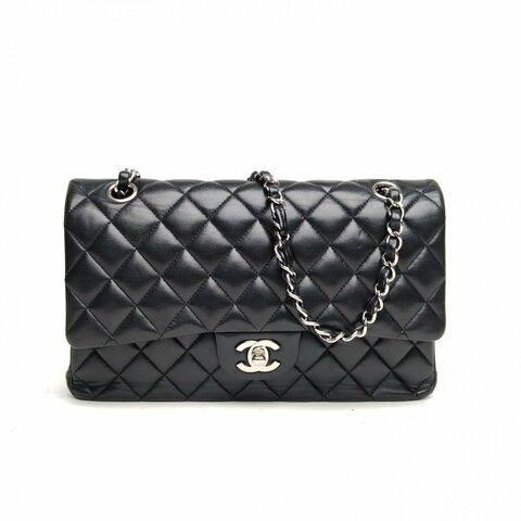 CHANEL CF口蓋包中號黑色羊皮26開銀扣菱格紋肩背包