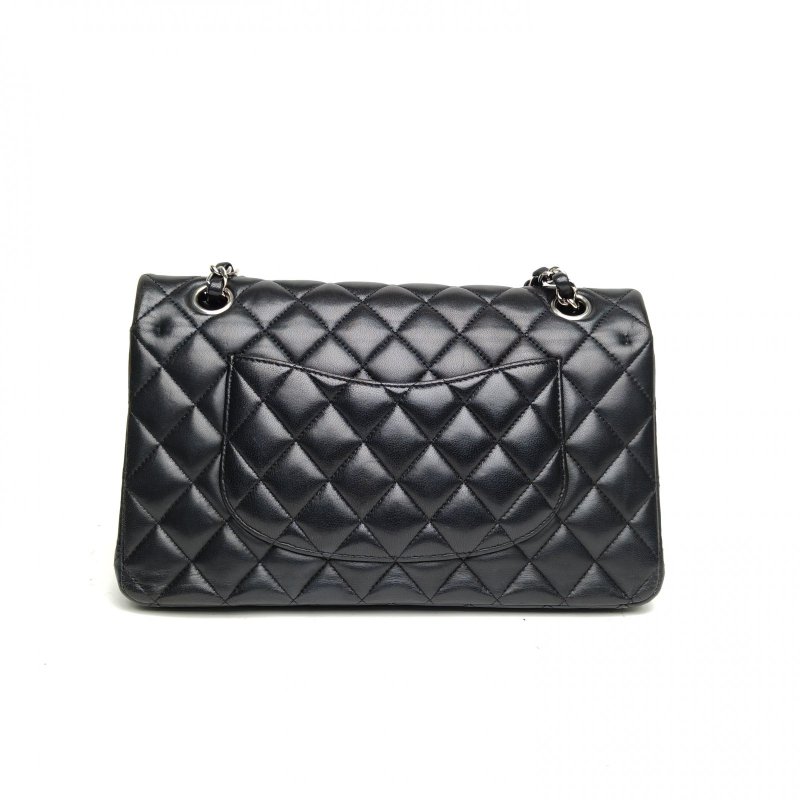 CHANEL CF口蓋包中號黑色羊皮26開銀扣菱格紋肩背包-3