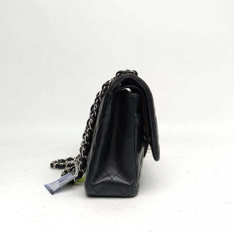 CHANEL CF口蓋包中號黑色羊皮26開銀扣菱格紋肩背包-4