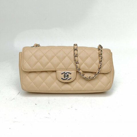 CHANEL 中古米銀牛法棍包奶茶色荔枝牛皮12開銀扣肩背包