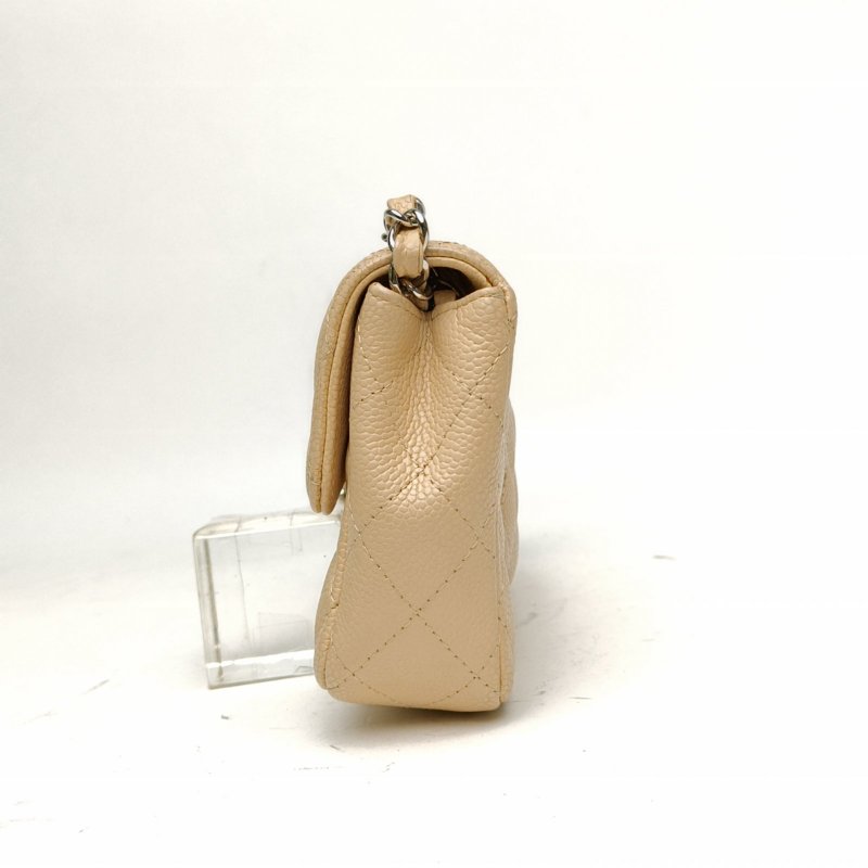 CHANEL 中古米銀牛法棍包奶茶色荔枝牛皮12開銀扣肩背包-1