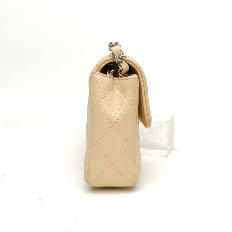 CHANEL 中古米銀牛法棍包奶茶色荔枝牛皮12開銀扣肩背包-3