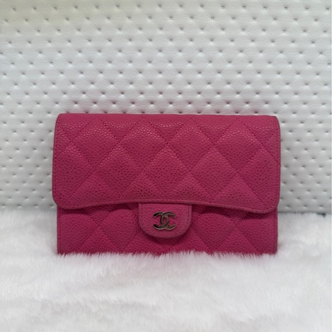 Chanel香奈兒粉色銀扣荔枝紋牛皮錢包 20開無卡 97新 底長15cm