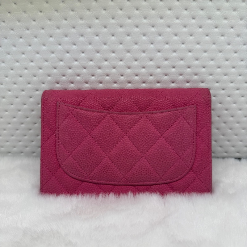 Chanel香奈兒粉色銀扣荔枝紋牛皮錢包 20開無卡 97新 底長15cm-1