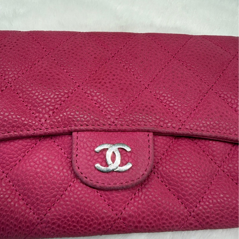Chanel香奈兒粉色銀扣荔枝紋牛皮錢包 20開無卡 97新 底長15cm-2