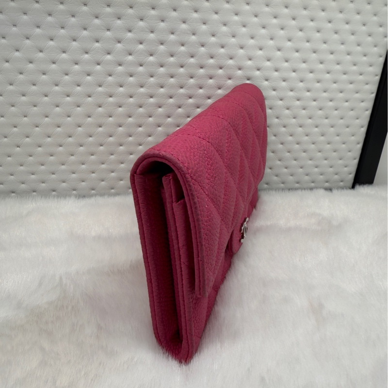 Chanel香奈兒粉色銀扣荔枝紋牛皮錢包 20開無卡 97新 底長15cm-3