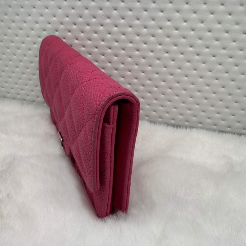 Chanel香奈兒粉色銀扣荔枝紋牛皮錢包 20開無卡 97新 底長15cm-4