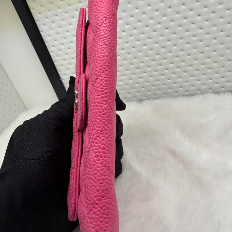Chanel香奈兒粉色銀扣荔枝紋牛皮錢包 20開無卡 97新 底長15cm-5