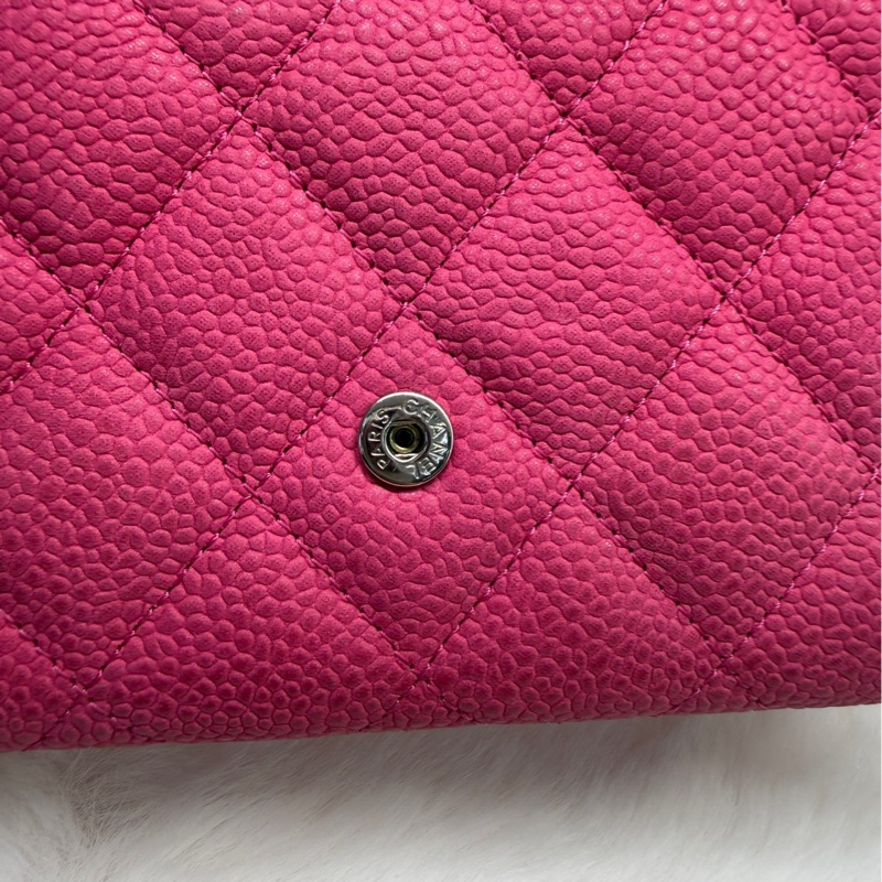 Chanel香奈兒粉色銀扣荔枝紋牛皮錢包 20開無卡 97新 底長15cm-6