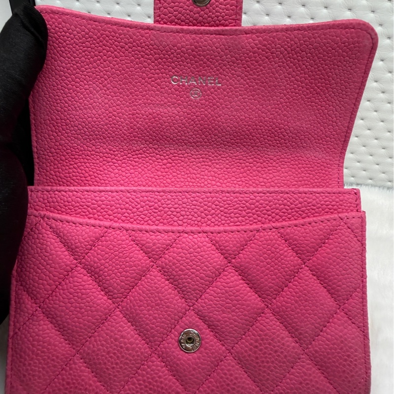 Chanel香奈兒粉色銀扣荔枝紋牛皮錢包 20開無卡 97新 底長15cm-7