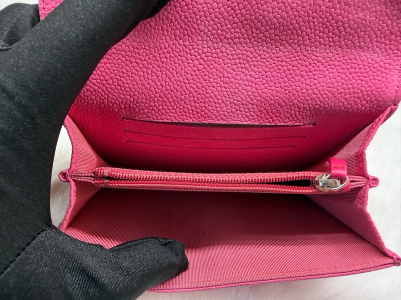 Chanel香奈兒粉色銀扣荔枝紋牛皮錢包 20開無卡 97新 底長15cm-8