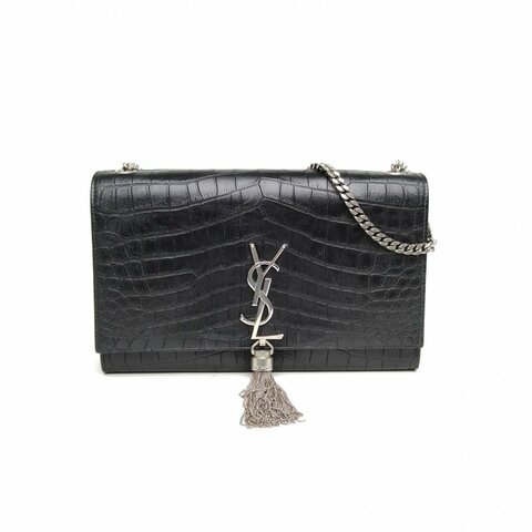 SAINT LAURENT KATE中號鱷魚壓紋流蘇黑色牛皮銀扣肩背包