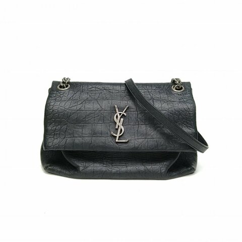 SAINT LAURENT HollywoodWest郵差包鱷魚壓紋黑色牛皮銀扣肩背包