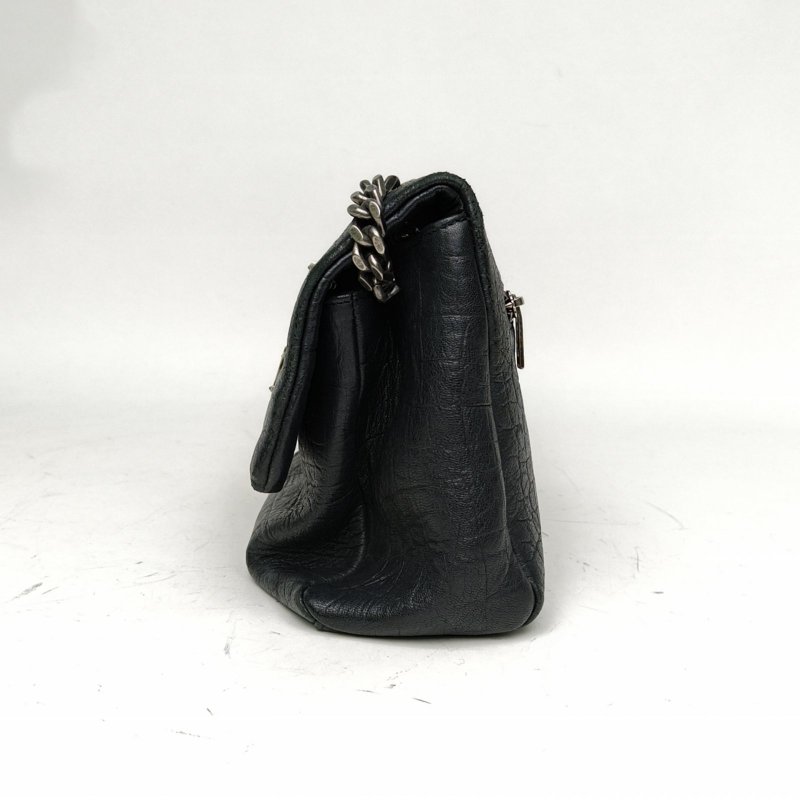 SAINT LAURENT HollywoodWest郵差包鱷魚壓紋黑色牛皮銀扣肩背包-1