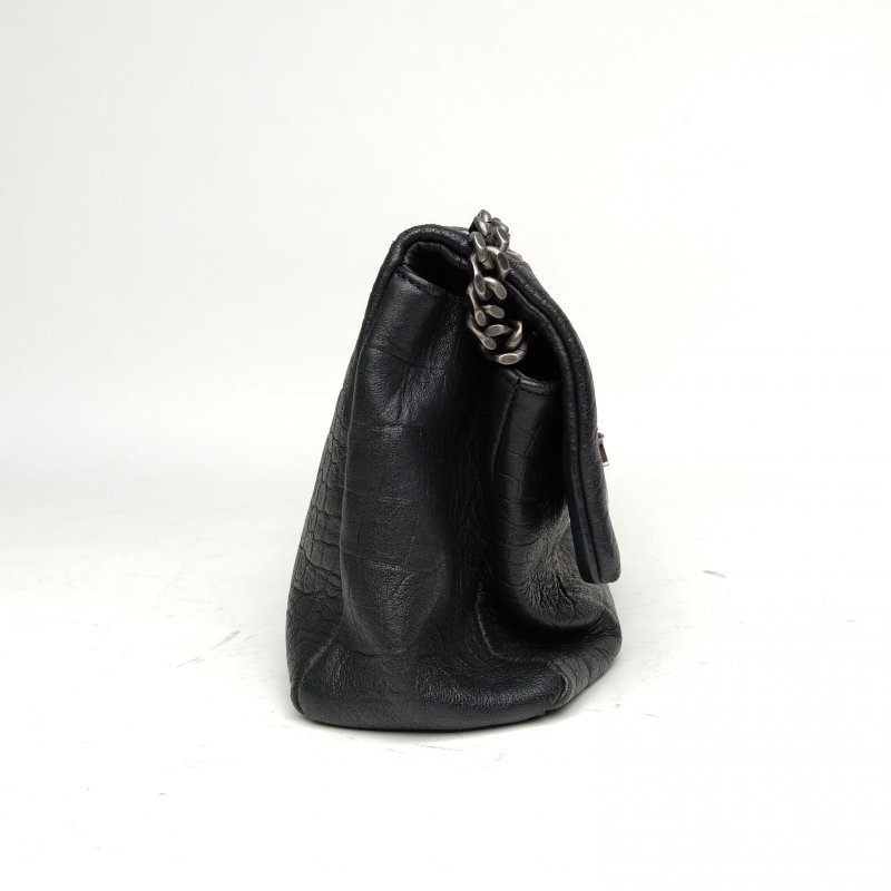 SAINT LAURENT HollywoodWest郵差包鱷魚壓紋黑色牛皮銀扣肩背包-3