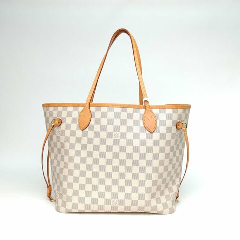 LOUIS VUITTON Neverfull中號31白棋格PVC金扣晶片肩背包