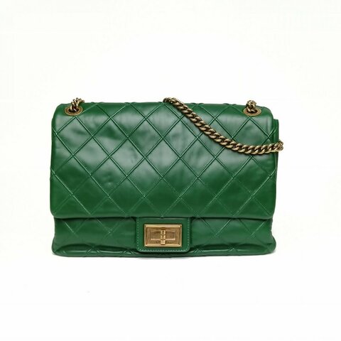 CHANEL 綠色牛皮17開金扣2.55復古菱格鏈條包肩背包