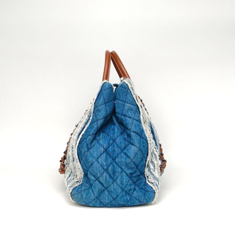 CHANEL 牛仔藍牛仔20開銀扣手提碎布托特包肩背包-1