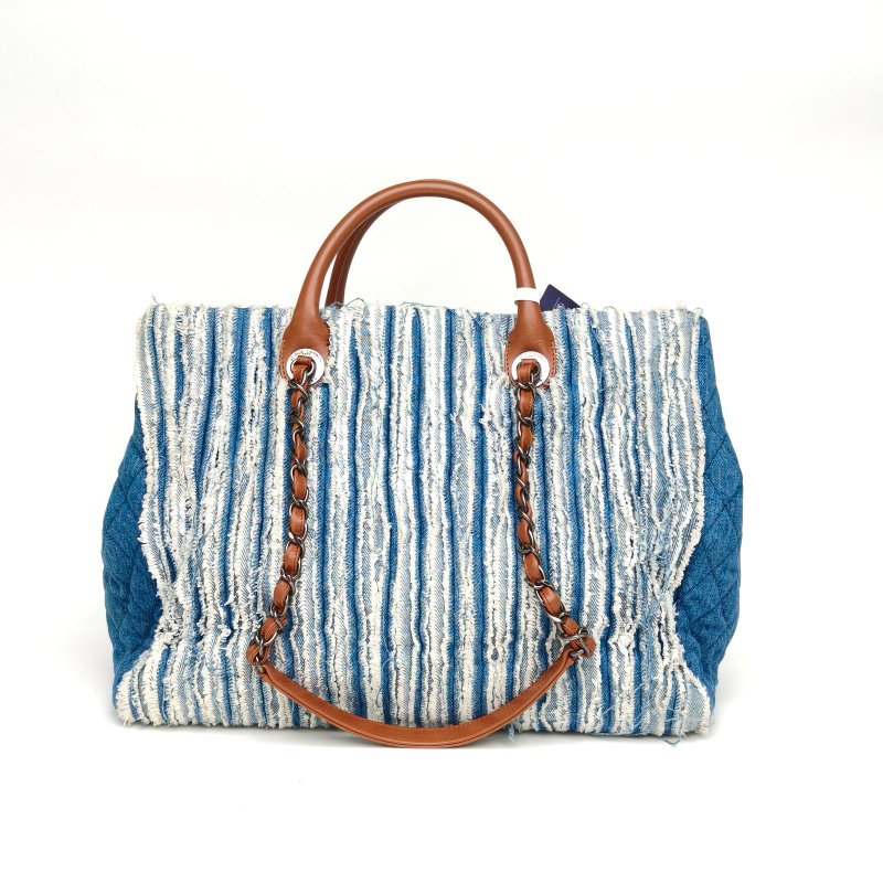 CHANEL 牛仔藍牛仔20開銀扣手提碎布托特包肩背包-2