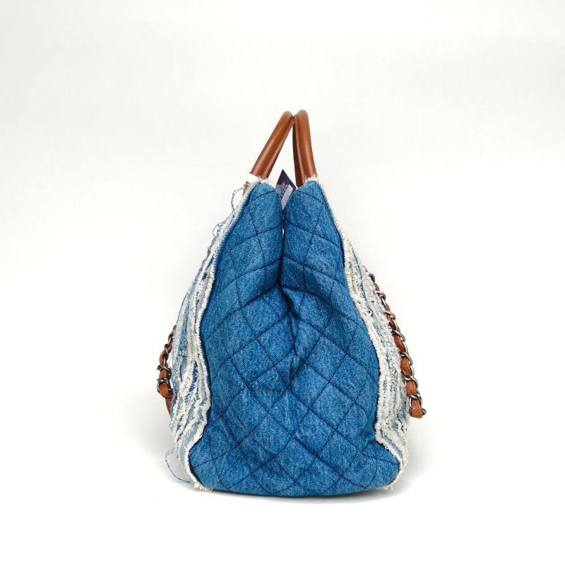 CHANEL 牛仔藍牛仔20開銀扣手提碎布托特包肩背包-3