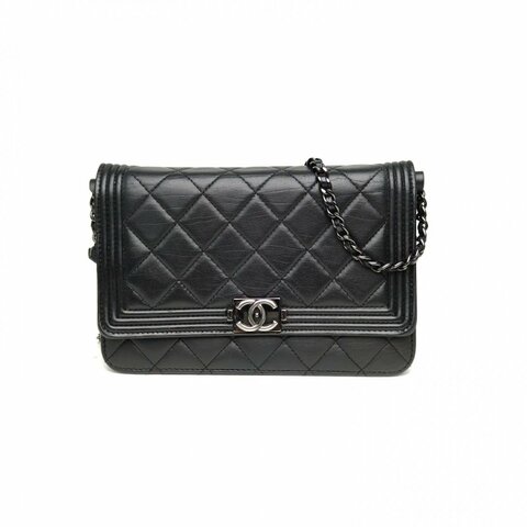 CHANEL LeboyWOC19黑色牛皮19開銀扣菱格紋肩背包