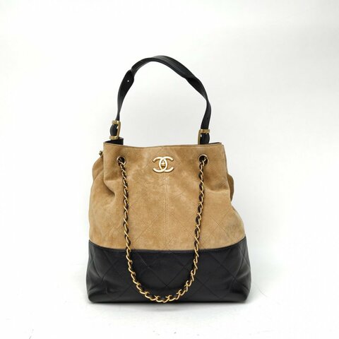 CHANEL 拼色羊皮麂皮晶片開金扣25hobo豎版/肩背包