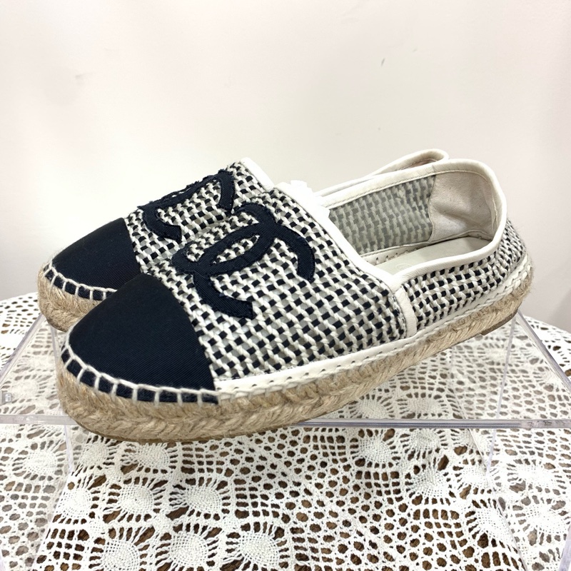 chanel 香奈兒 黑白編織漁夫鞋 36碼 🈚附件-0