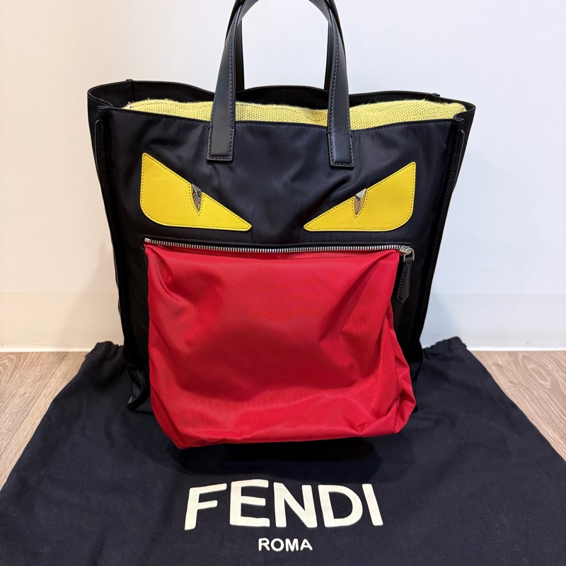FENDI 經典 Bag Bugs 小怪獸 黑色尼龍大托特包-0