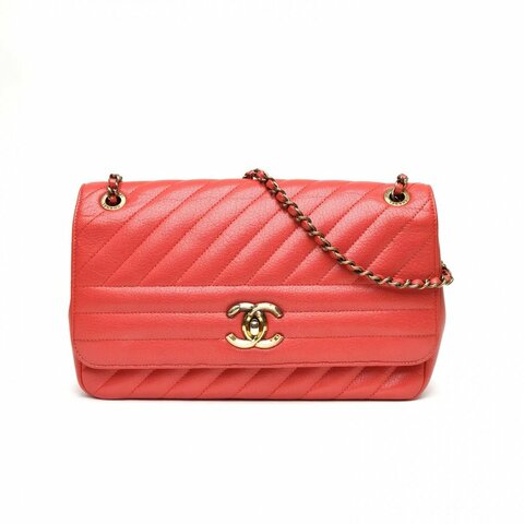 CHANEL 紅色羊皮22開金扣季節款CF斜紋鏈條包肩背包