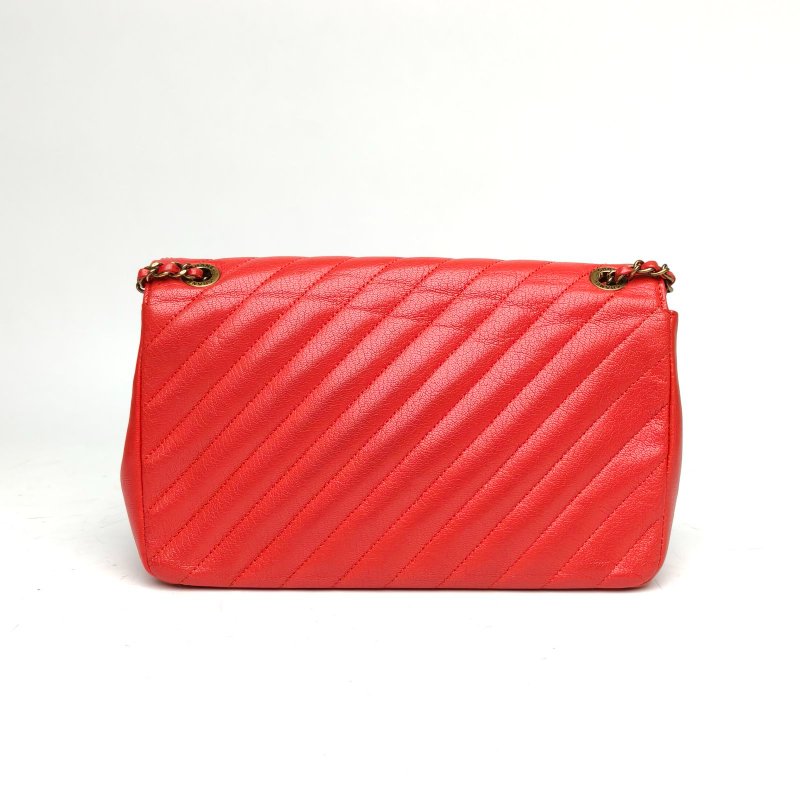 CHANEL 紅色羊皮22開金扣季節款CF斜紋鏈條包肩背包-2