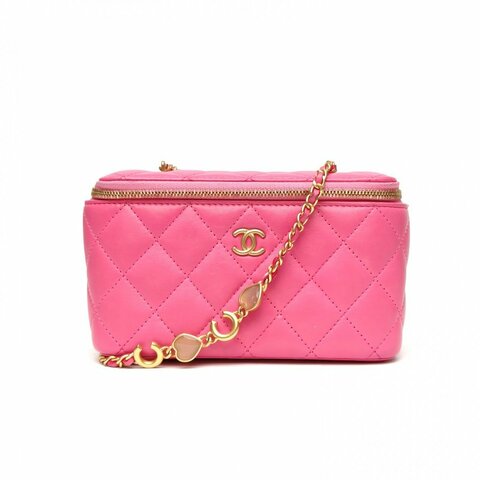 CHANEL 長盒子化妝包粉色羊皮金扣琺瑯愛心COCO皮穿鏈肩背包