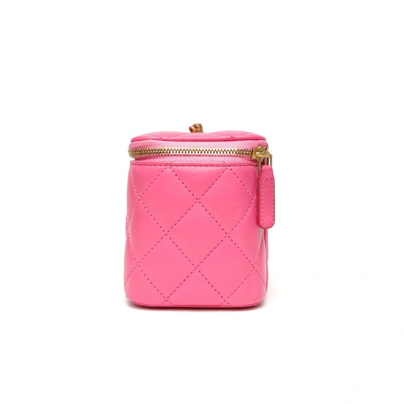 CHANEL 長盒子化妝包粉色羊皮金扣琺瑯愛心COCO皮穿鏈肩背包-1