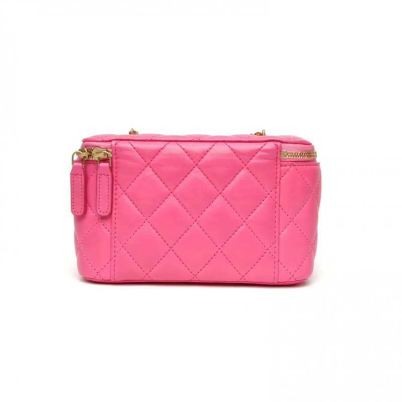 CHANEL 長盒子化妝包粉色羊皮金扣琺瑯愛心COCO皮穿鏈肩背包-2