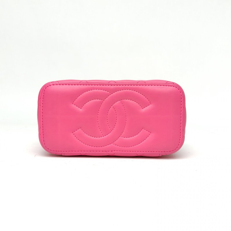 CHANEL 長盒子化妝包粉色羊皮金扣琺瑯愛心COCO皮穿鏈肩背包-4