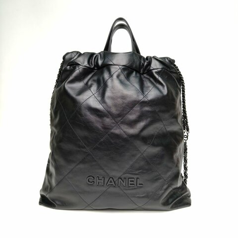CHANEL 22Bag帶手柄雙肩包大號黑色牛皮晶片黑扣肩背包